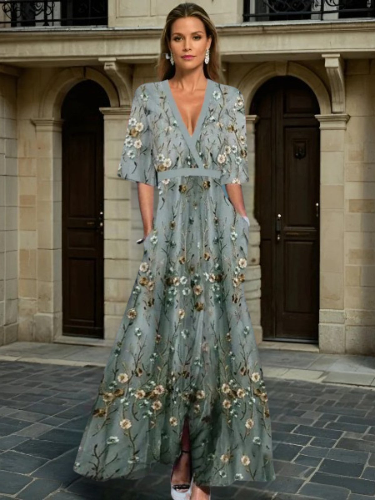 Hazel | Elegante Vestido Maxi Boho con Cinturón y Escote en V