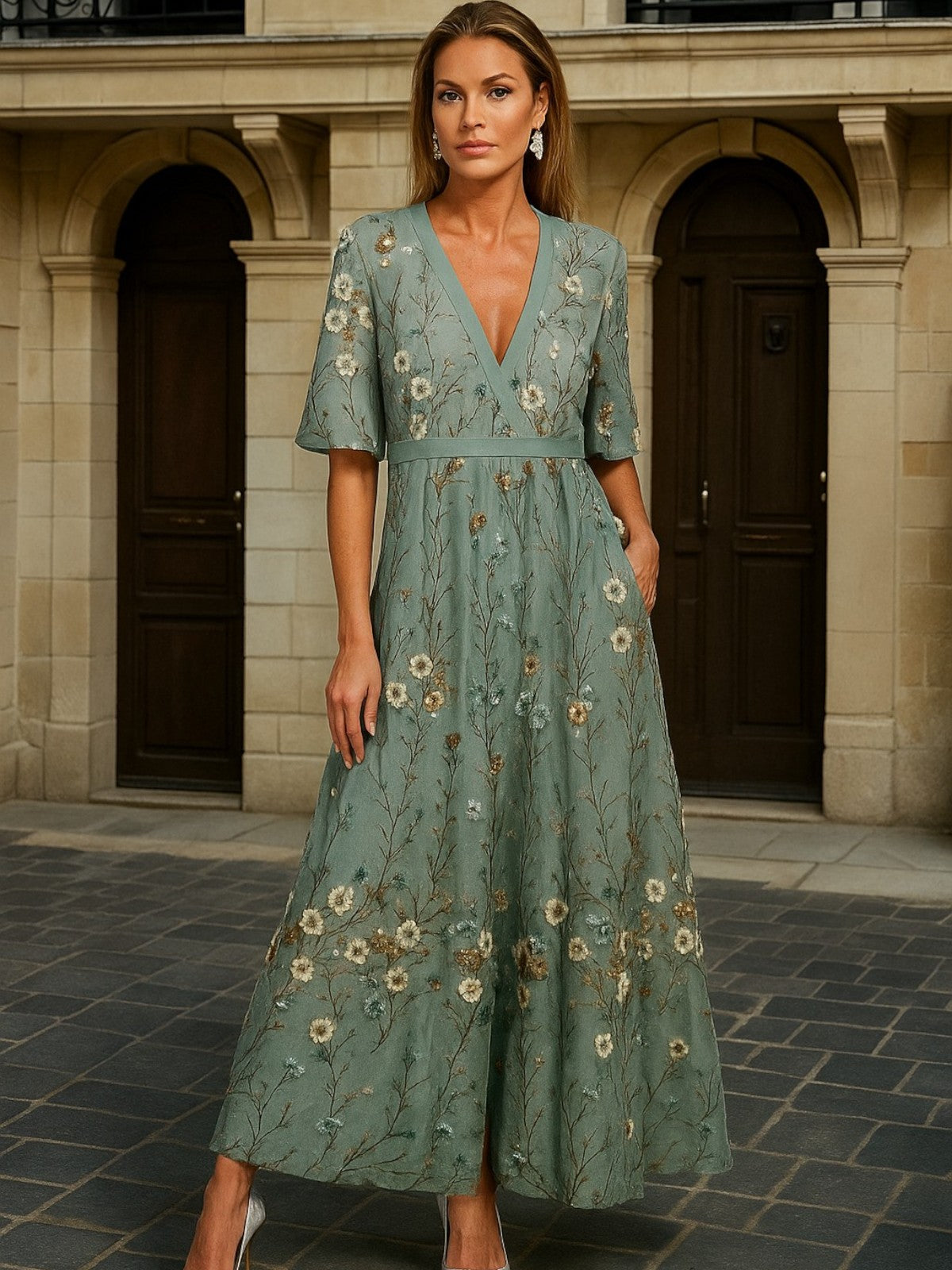 Hazel | Elegante Vestido Maxi Boho con Cinturón y Escote en V